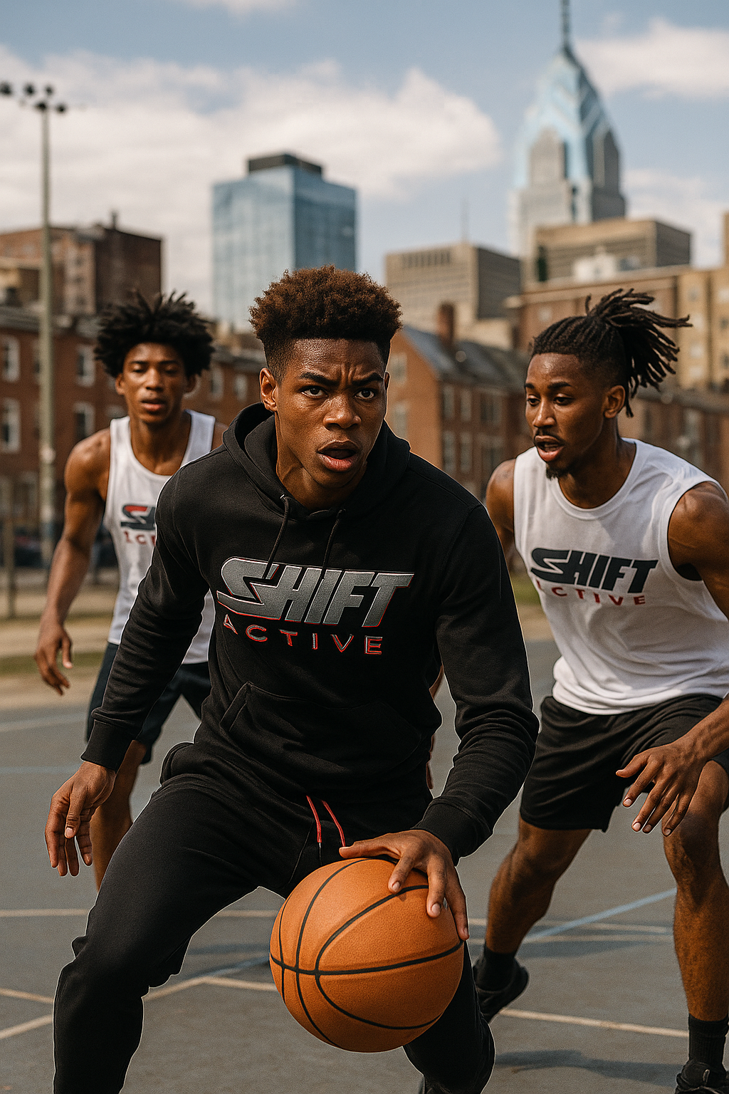 Men playing basketball in SHIFT gear